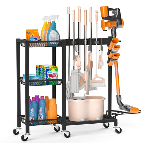 FLOUREE broom closet organizer keeps tools upright and within reach.