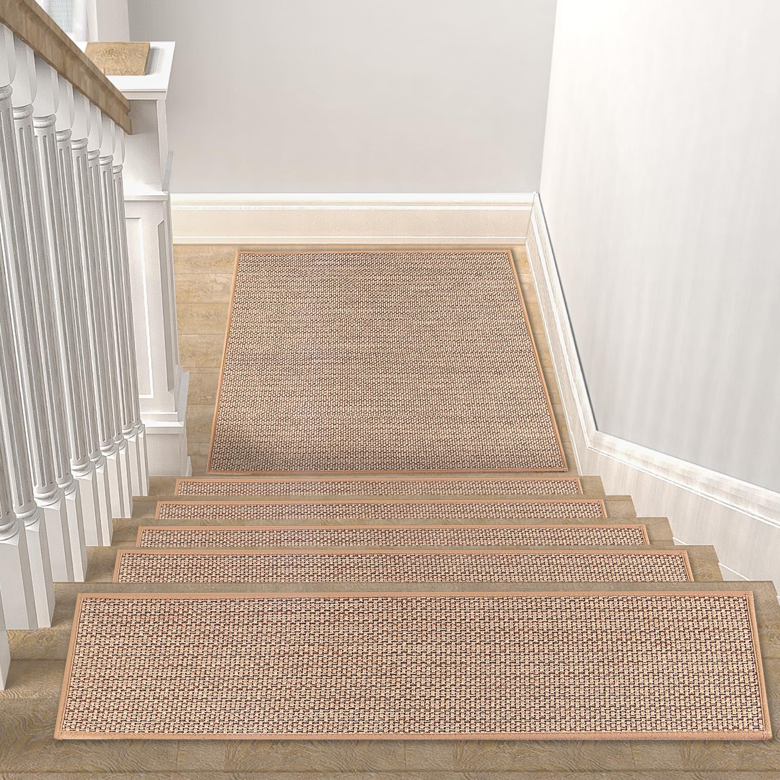 FlowaFoli self-adhesive stair treads on wood stairs for quick setup