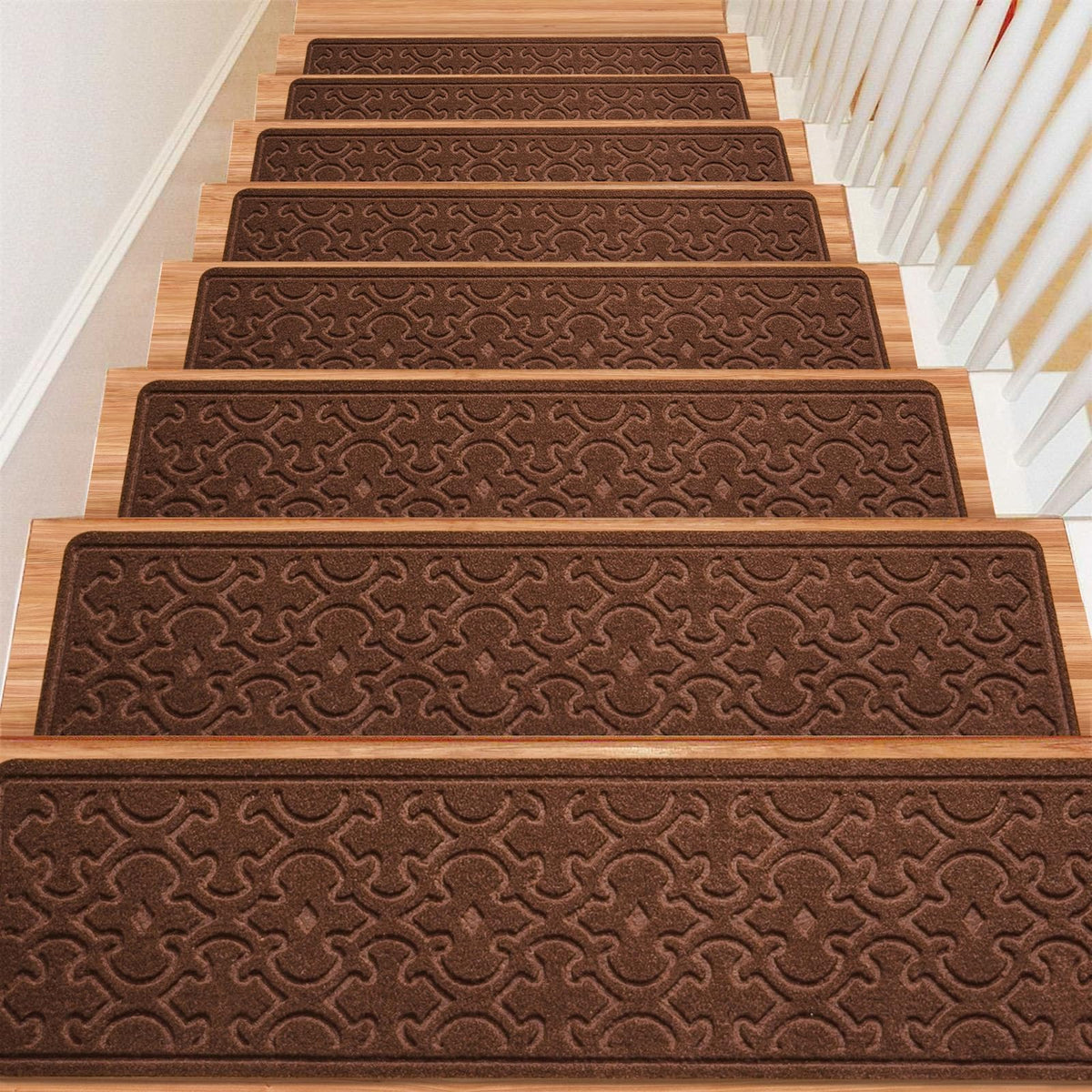 FlowaFoli stair treads 8x30 pre-cut for quick stair coverage on wood steps