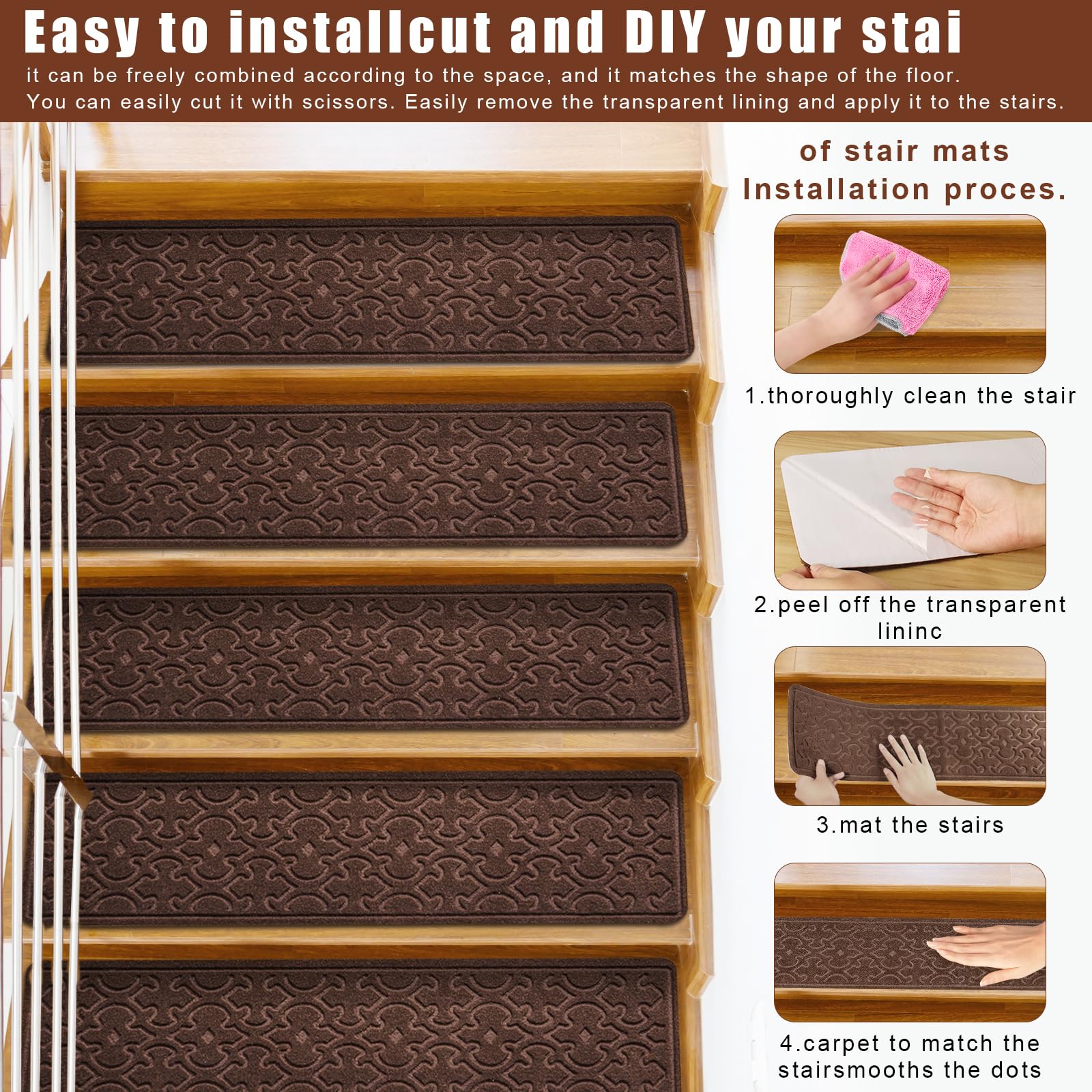 FlowaFoli easy-install tread showing glue-free placement on steps