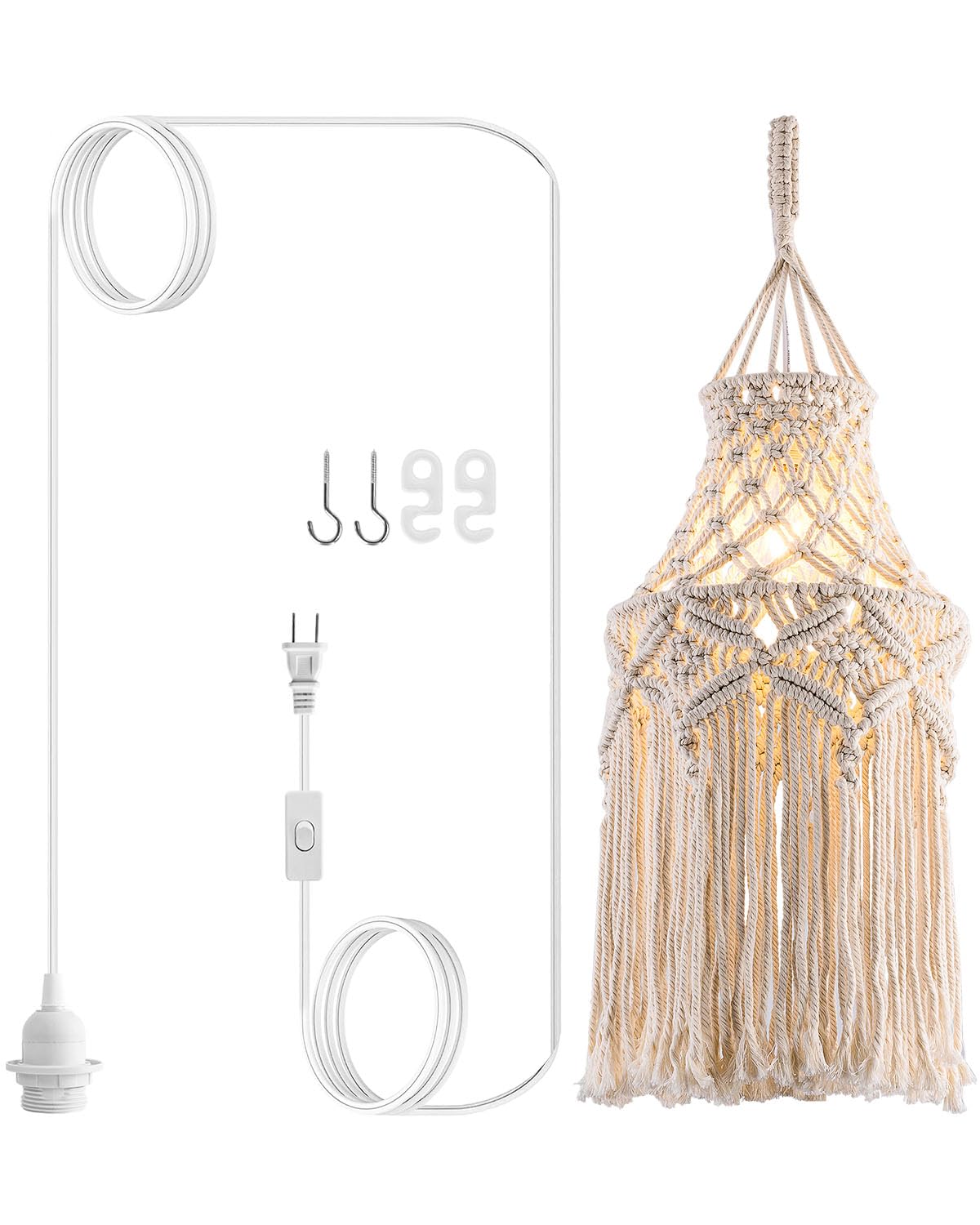 FLSFU boho plug-in pendant lamp with macrame shade creates a warm bedroom ambiance.