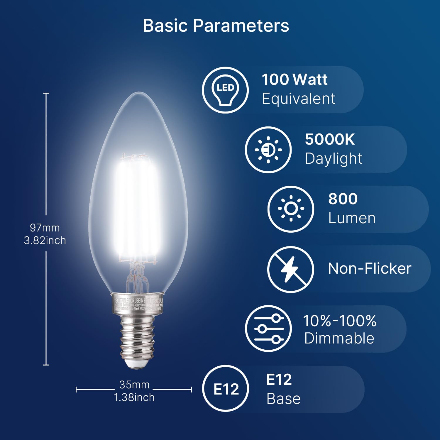 FLSNT 100W equivalent LED bulb with E12 base for chandeliers.