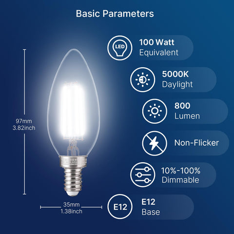 FLSNT 100W equivalent LED bulb with E12 base for chandeliers.