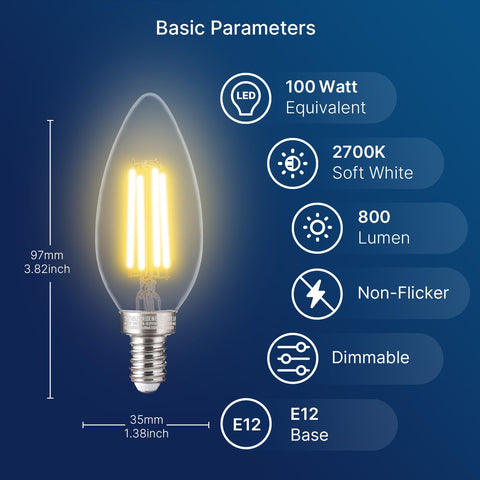FLSNT 800lm dimmable B11 LED bulb fits chandeliers with smooth dimming.