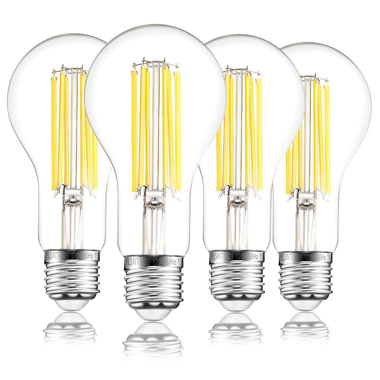 FLSNT A23 LED bulb with clear glass in a 4-pack delivering bright, even light