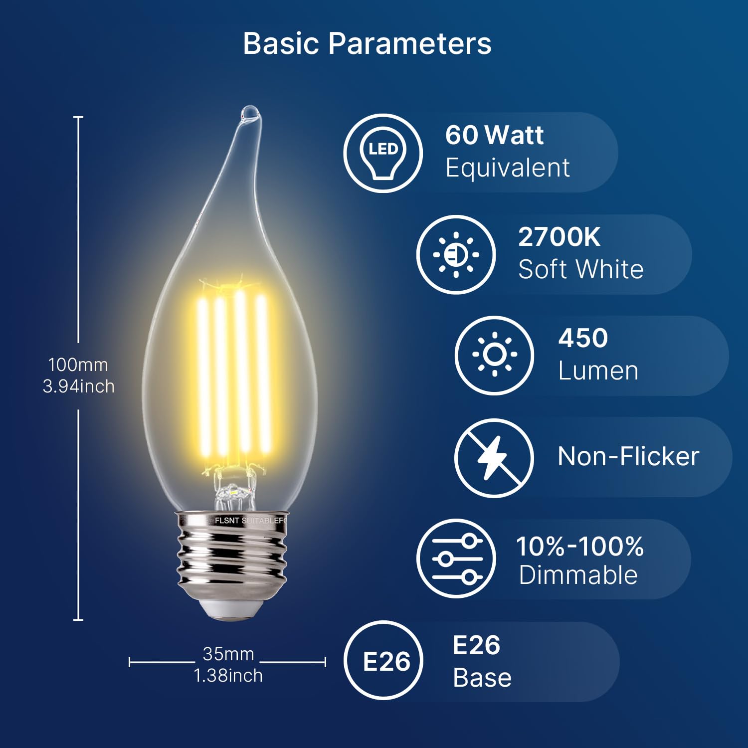 FLSNT CA11 dimmable filament bulb with clear glass for classic chandelier look