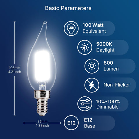 FLSNT CA11 chandelier LED bulb close-up showing E12 base.
