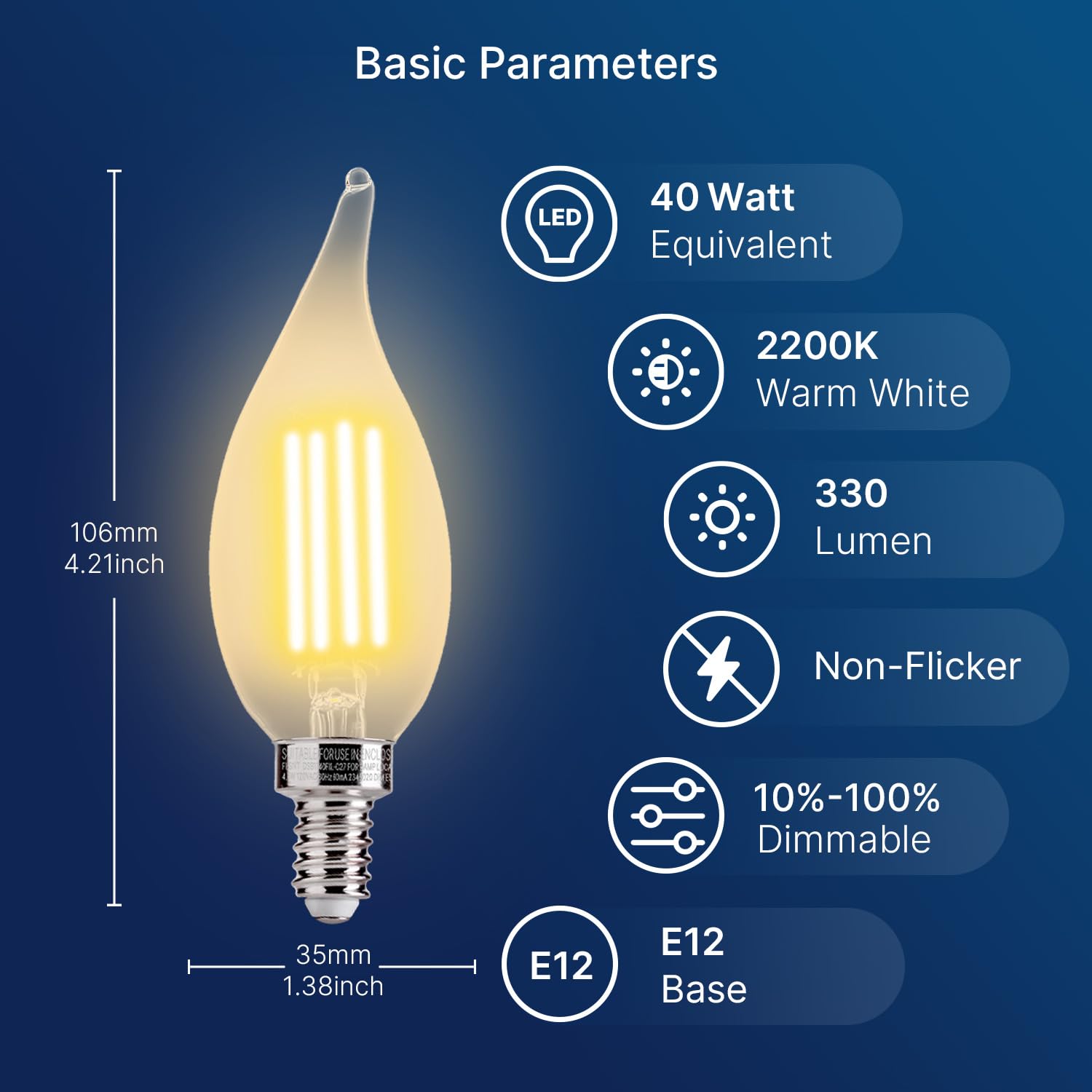 FLSNT CA11/E12 dimmable LED bulb showing smooth 10–100% dimming
