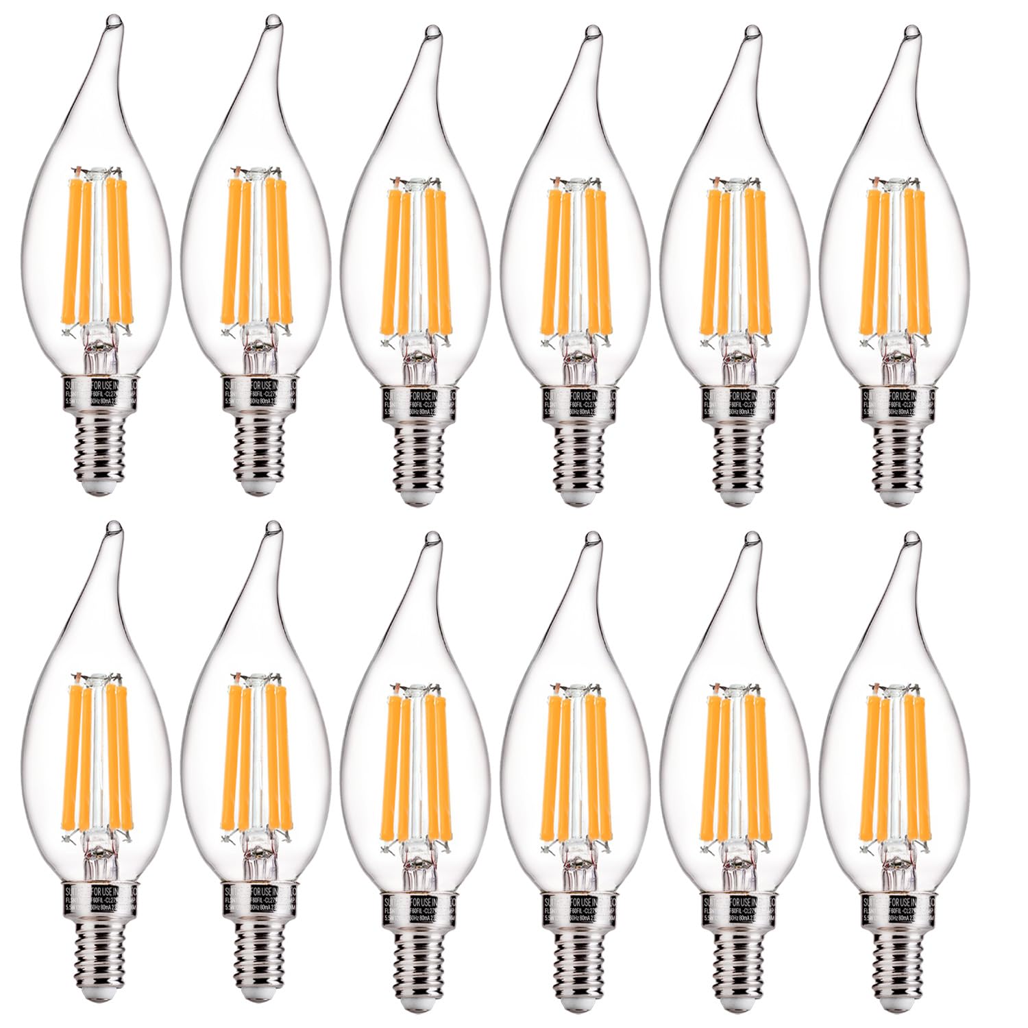 FLSNT CA11 LED candelabra bulbs, 12-pack, ideal for chandeliers and energy efficiency.