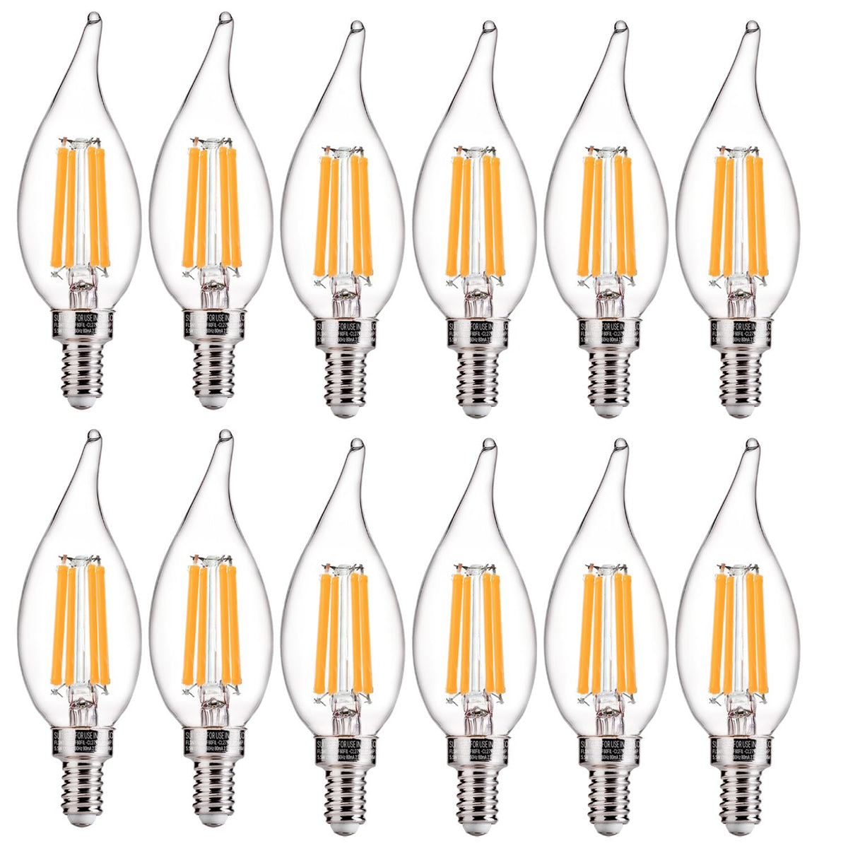 FLSNT CA11 LED candelabra bulbs, 12-pack, ideal for chandeliers and energy efficiency.