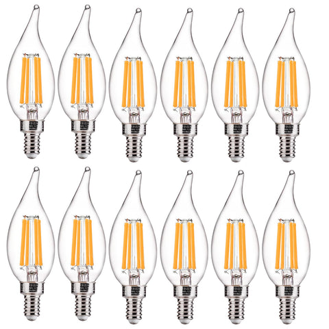 FLSNT CA11 LED candelabra bulbs, 12-pack, ideal for chandeliers and energy efficiency.