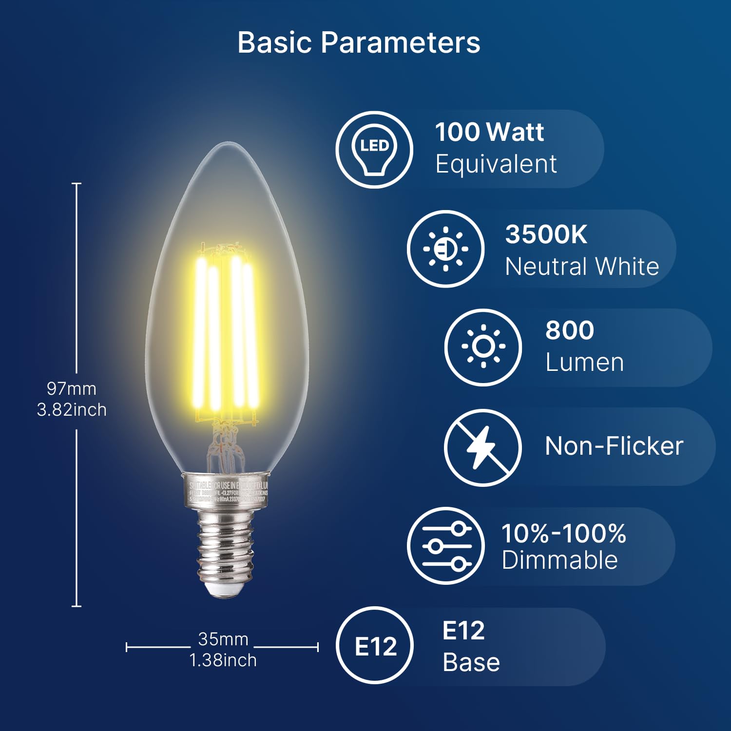 FLSNT E12 base candelabra bulb with 3500K neutral white ambience.
