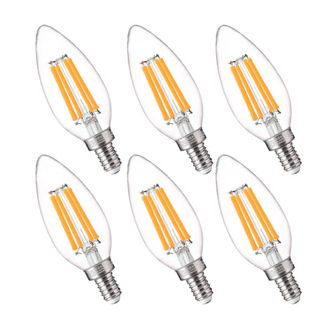 FLSNT LED candelabra bulb in packaging showing 6-pack convenience and energy efficiency.