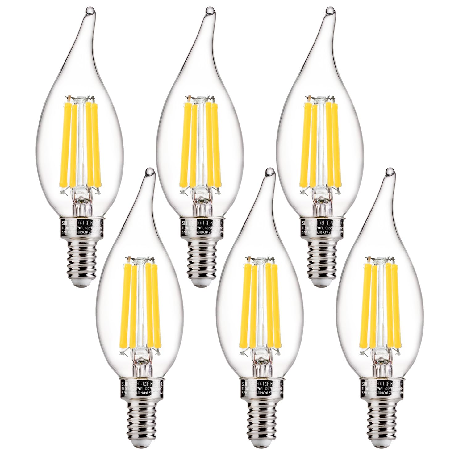 FLSNT LED candelabra bulb in clear glass, dimmable for daylight ambiance.