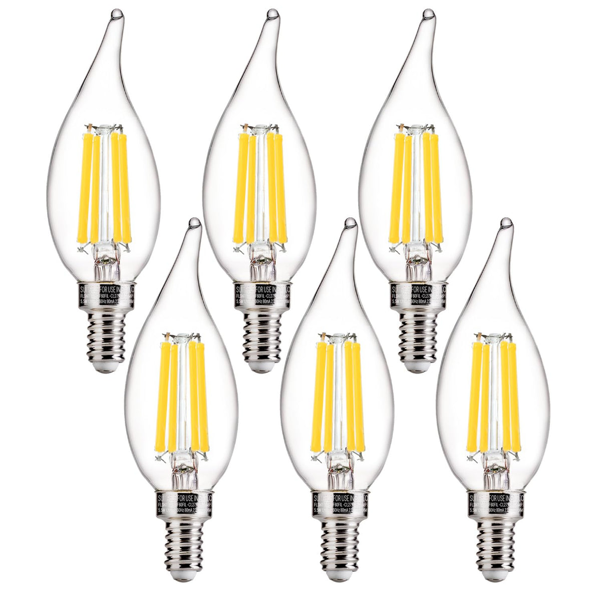 FLSNT LED candelabra bulb in clear glass, dimmable for daylight ambiance.