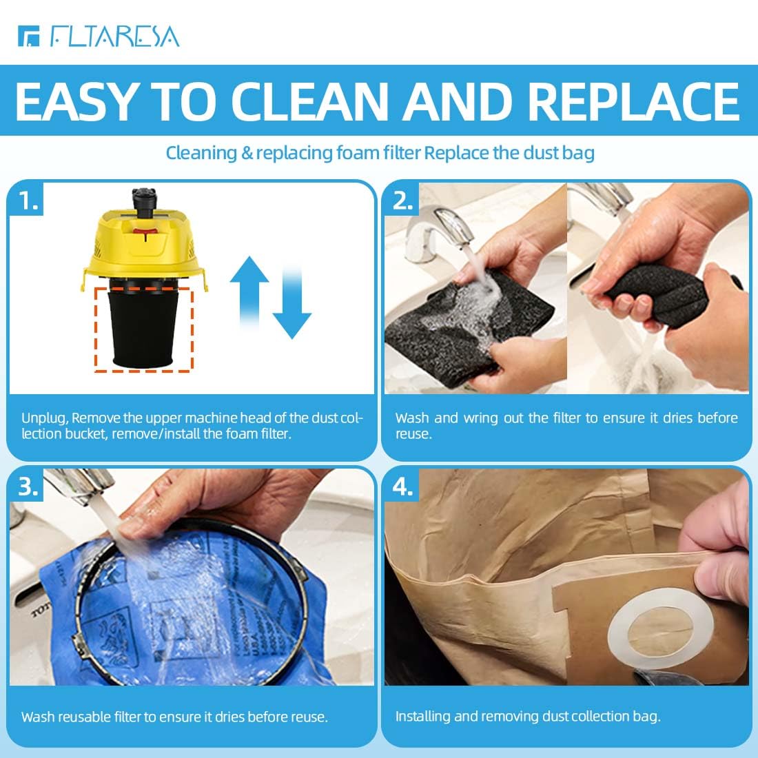 FLTARESA washable foam filter ready for reuse after drying