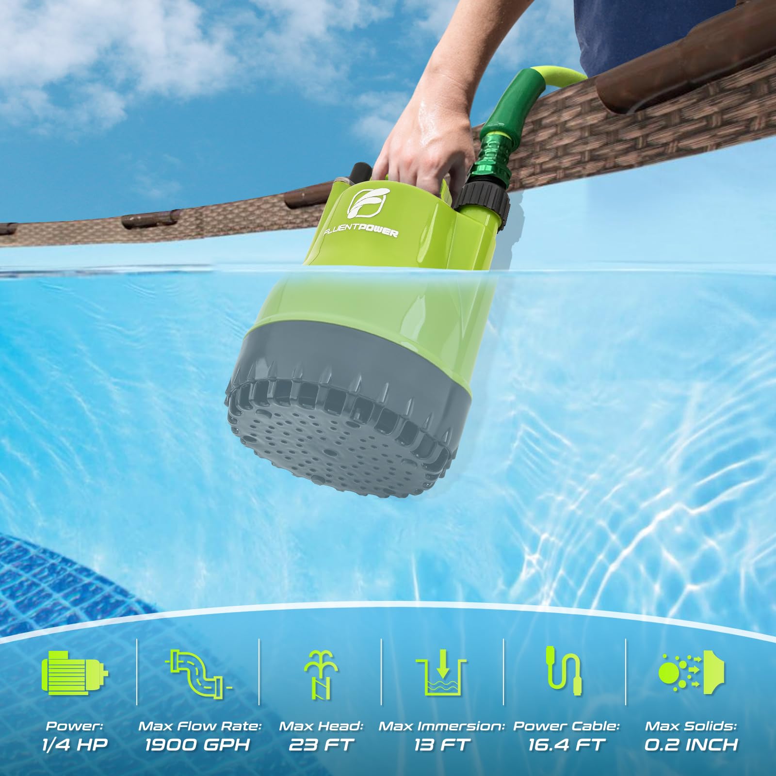 FLUENTPOWER removable suction screen for cleaner water and debris filtration.