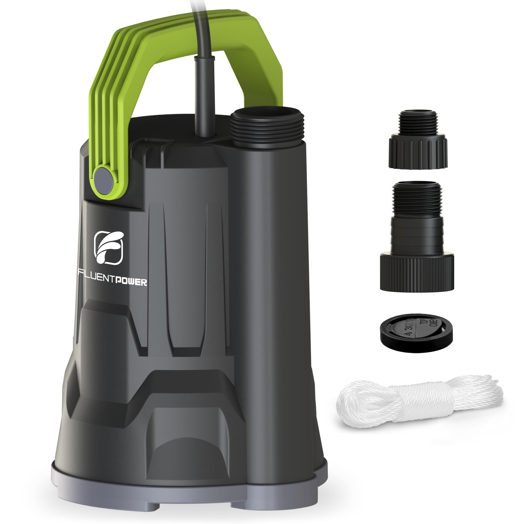 FLUENTPOWER sump pump in use draining a basement with steady flow.