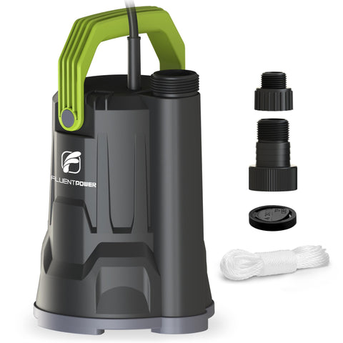 FLUENTPOWER sump pump in use draining a basement with steady flow.