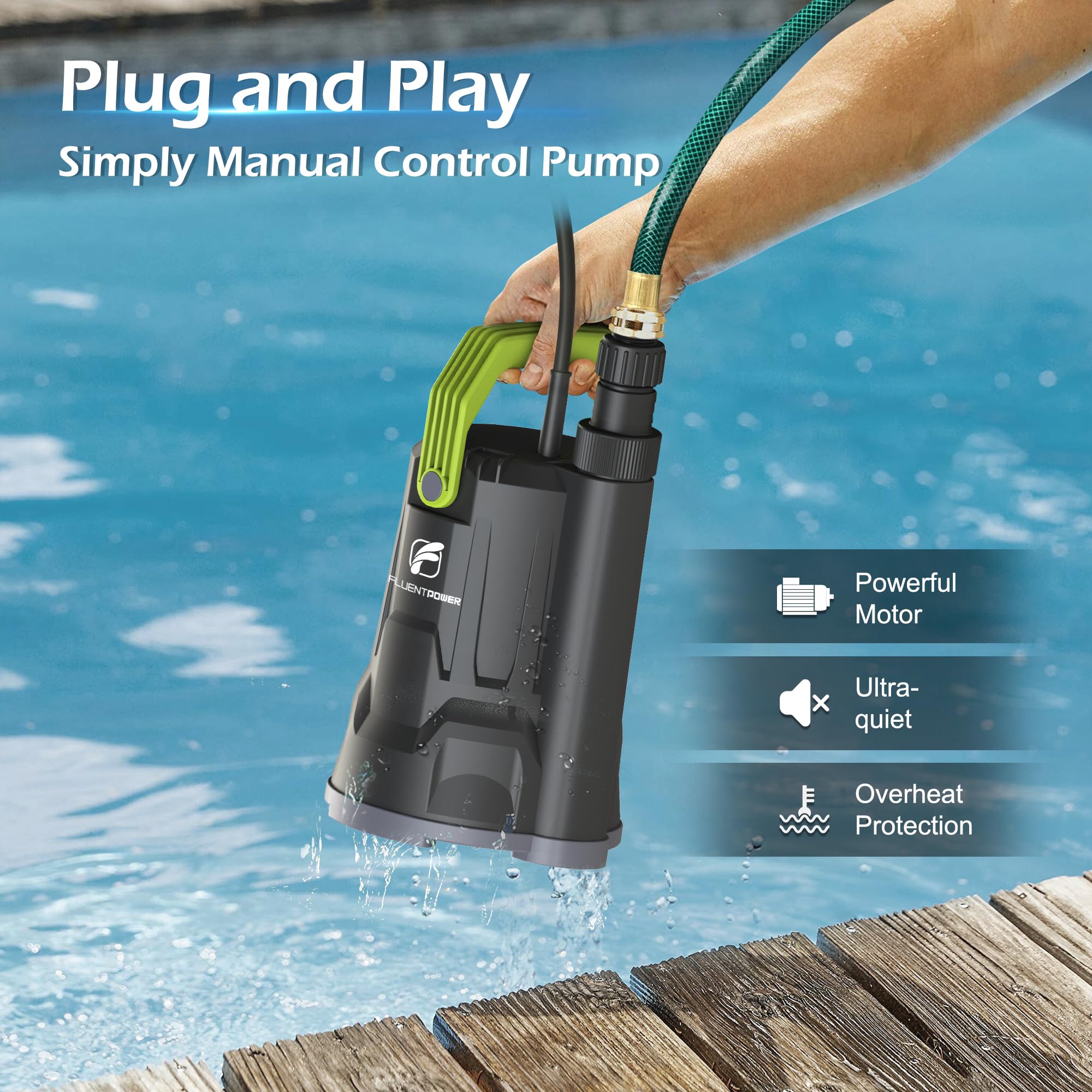 FLUENTPOWER sump pump delivers 2,500 GPH with a discharge hose in action.