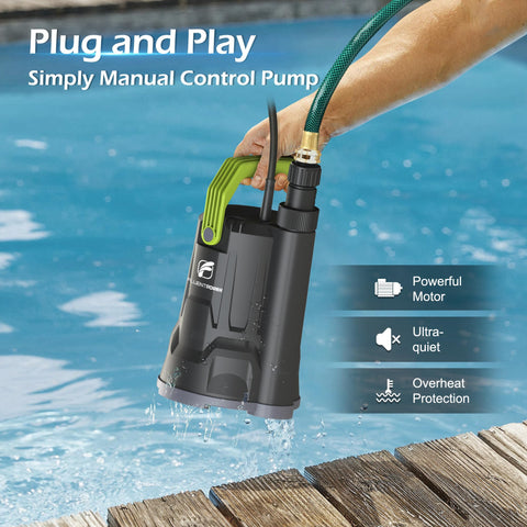 FLUENTPOWER sump pump delivers 2,500 GPH with a discharge hose in action.