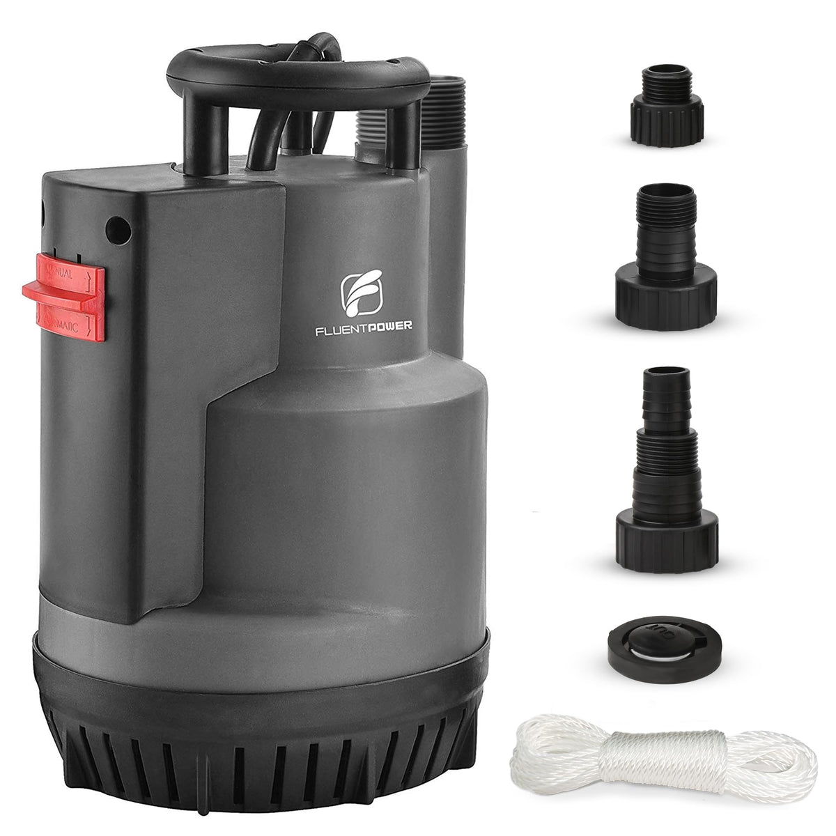 FluentPower sump pump setup shows quick installation with adapters