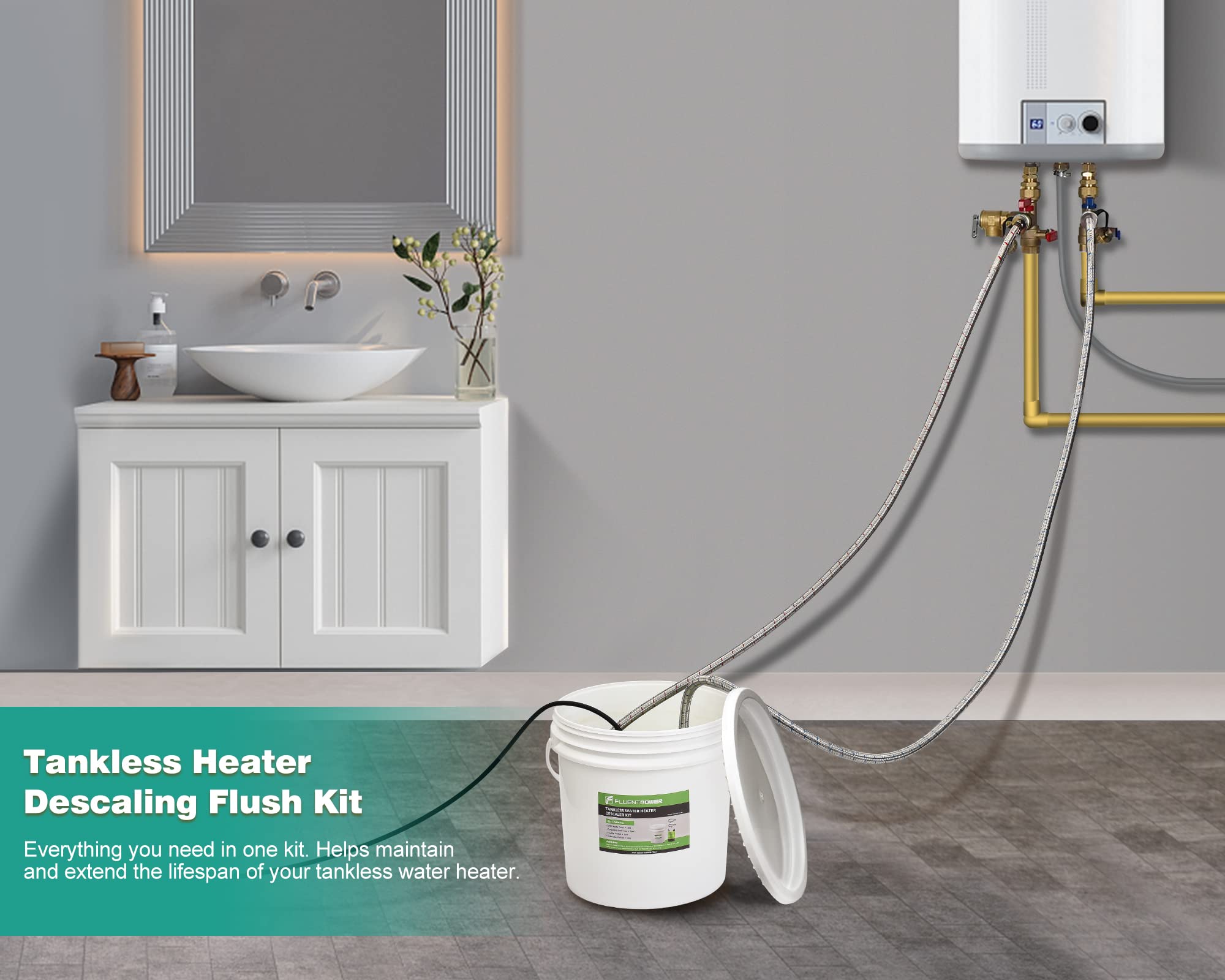 FluentPower bucket with lid and accessories for easy descaling tasks.