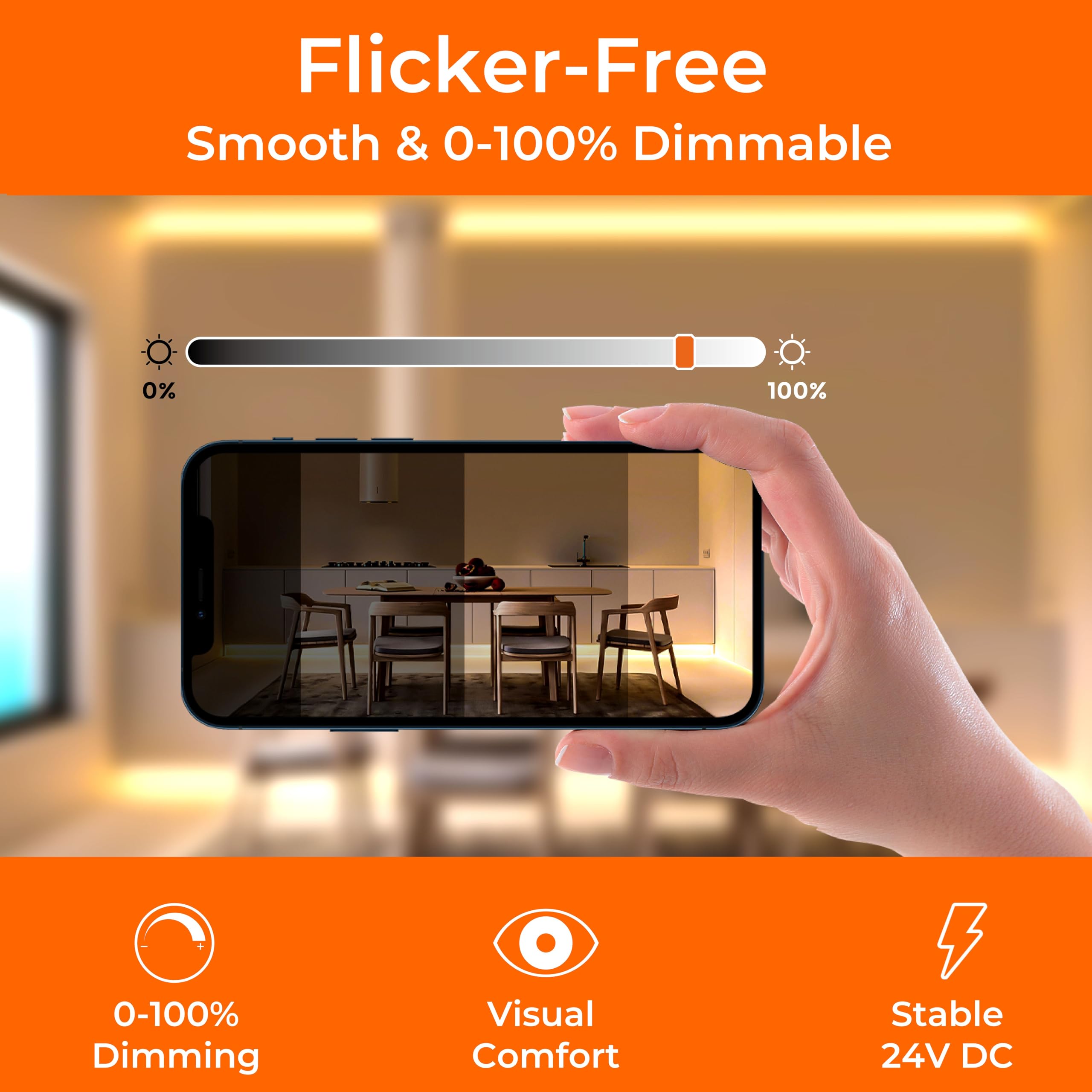 FluFlux 24V DC dimmable strip compatible with common dimmers and smart systems