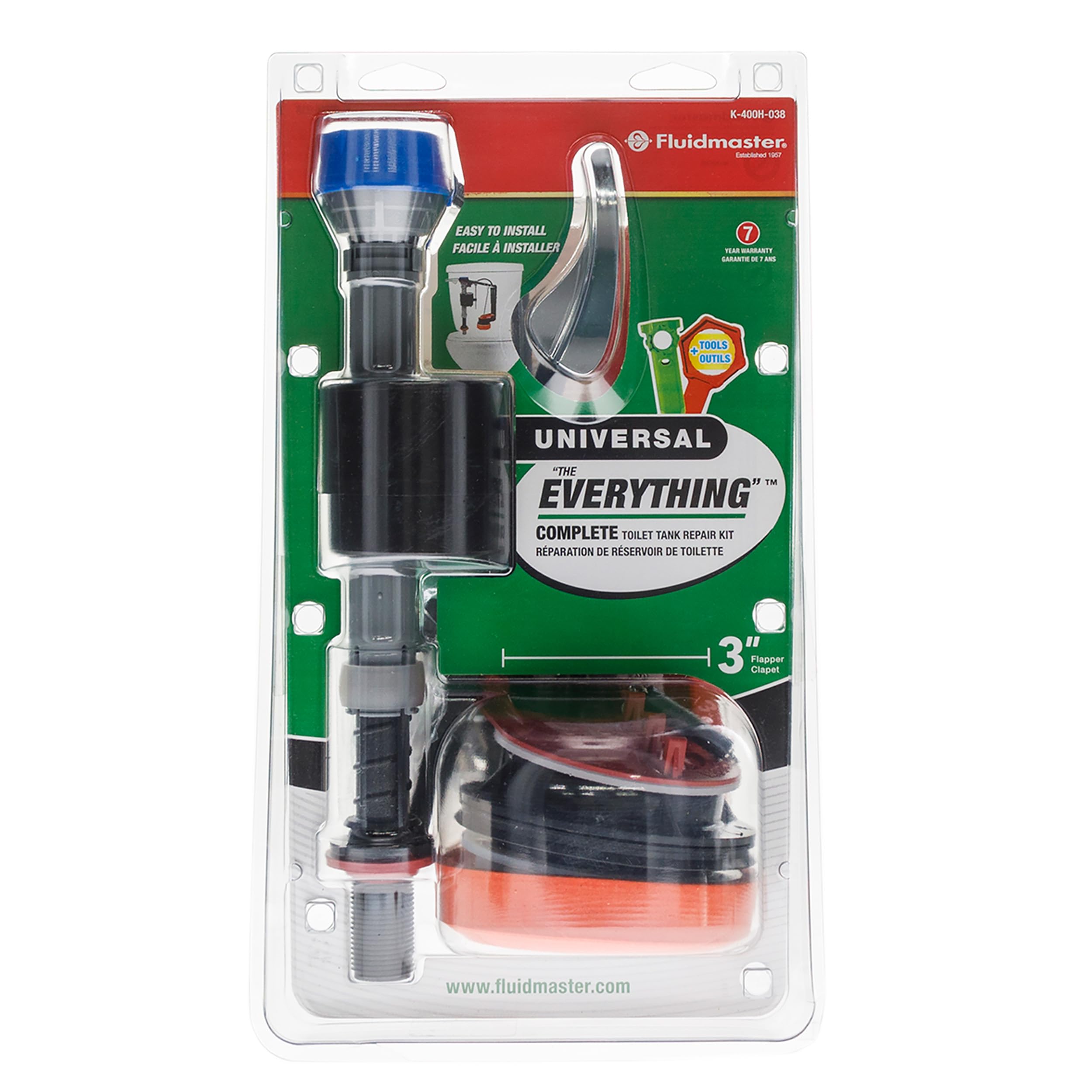 Stainless steel hardware provides durable repair components.