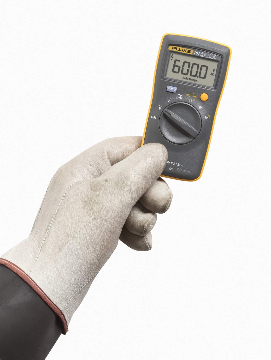 Fluke 101 handheld design in hand for precise one-handed operation.