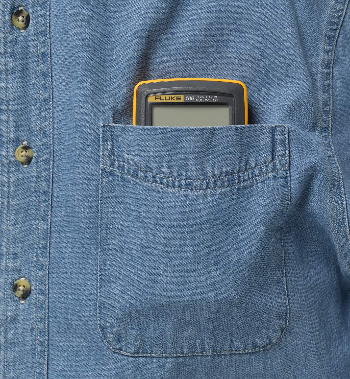 Fluke 106 in use with test leads for quick troubleshooting.
