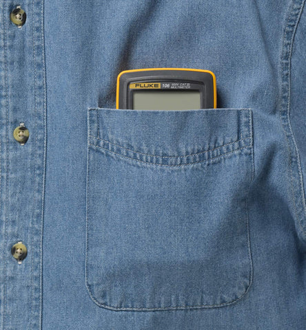 Fluke 106 in use with test leads for quick troubleshooting.