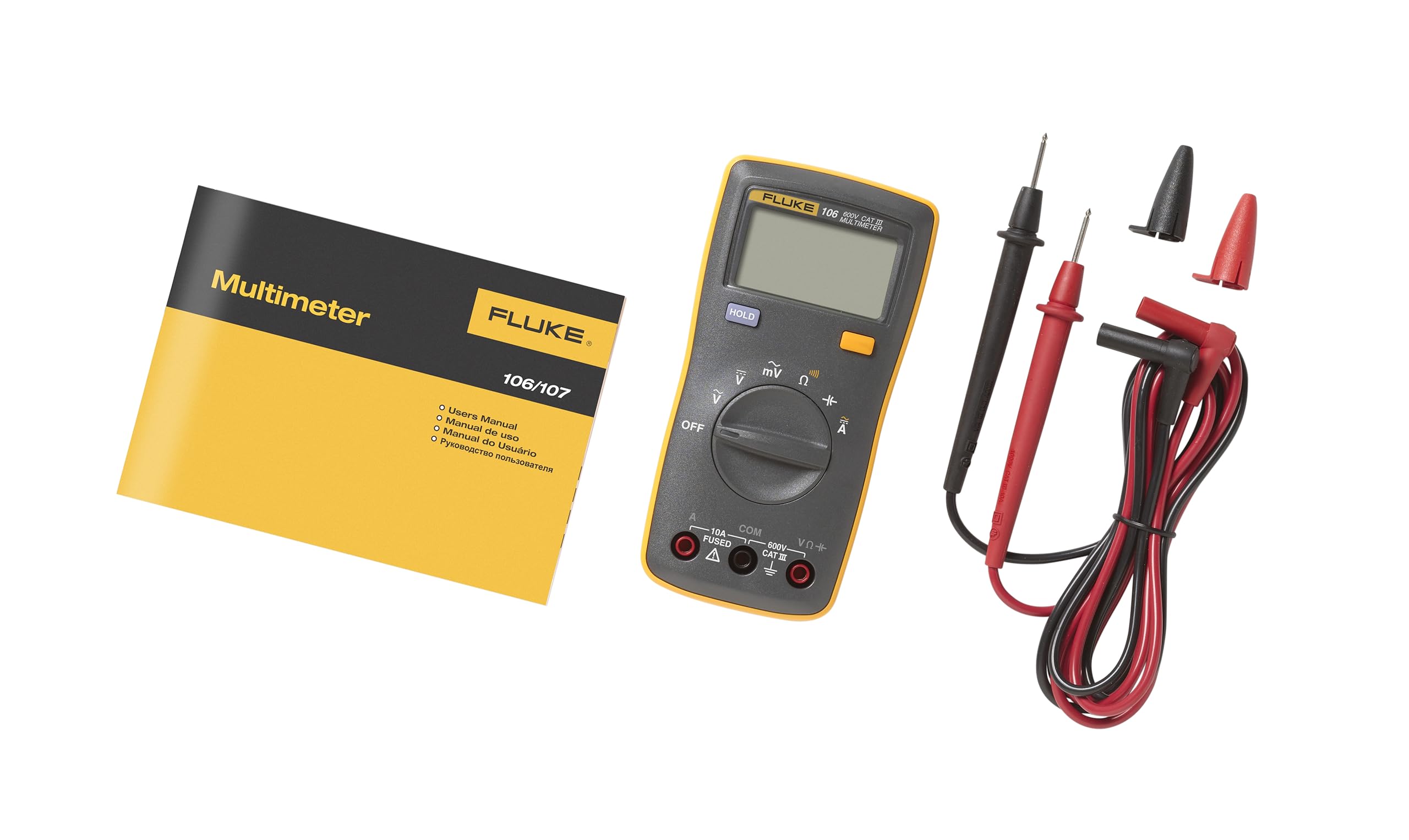 Fluke 106 palm-sized digital multimeter front view for quick go/no-go testing.