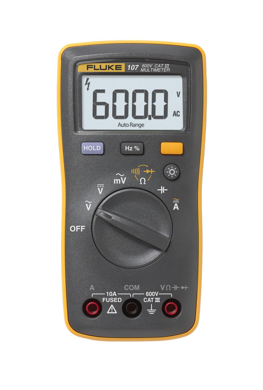Fluke 107 palm-sized multimeter with clear display for quick voltage checks