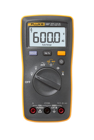 Fluke 107 palm-sized multimeter with clear display for quick voltage checks