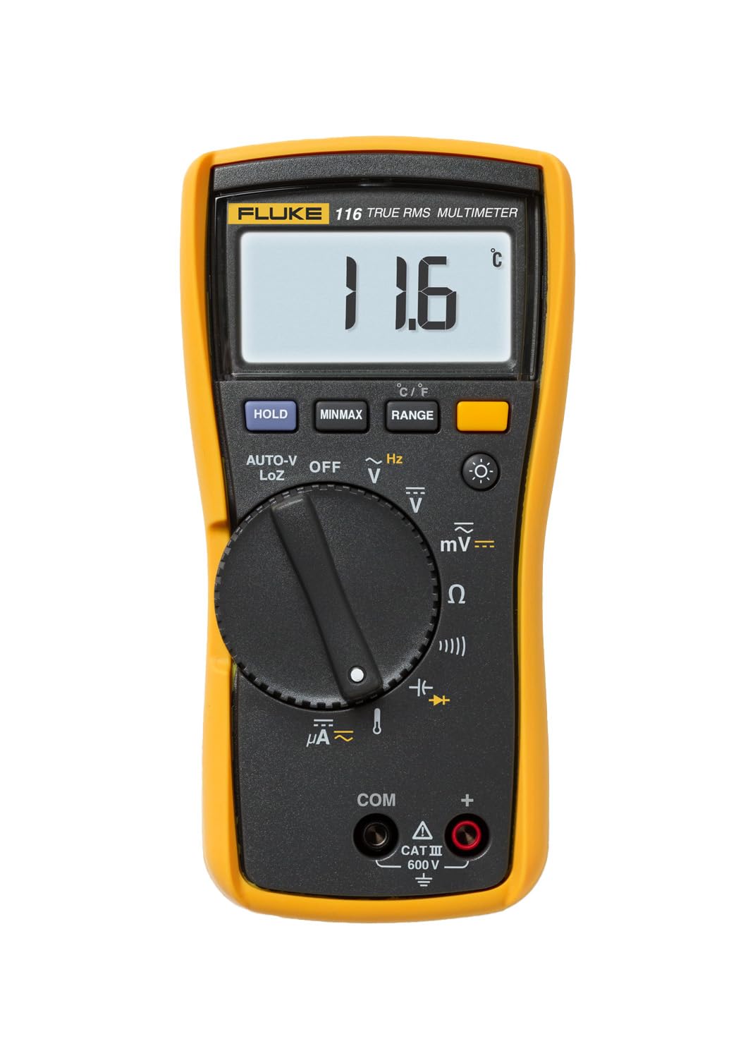 Fluke 116 HVAC multimeter digital-display with clear readings for quick diagnostics.