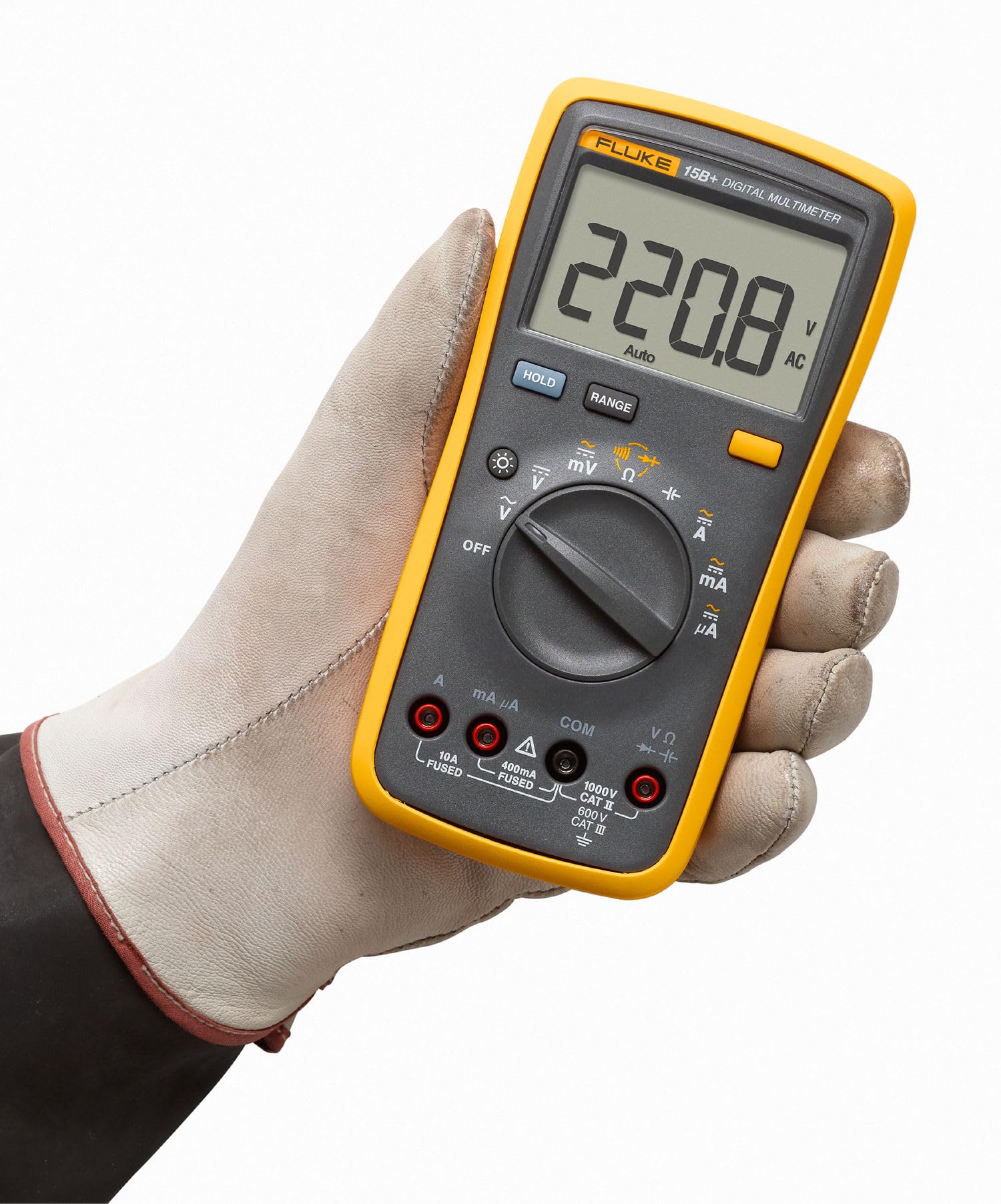 Fluke 15B+ test leads connected for precise voltage and current testing.