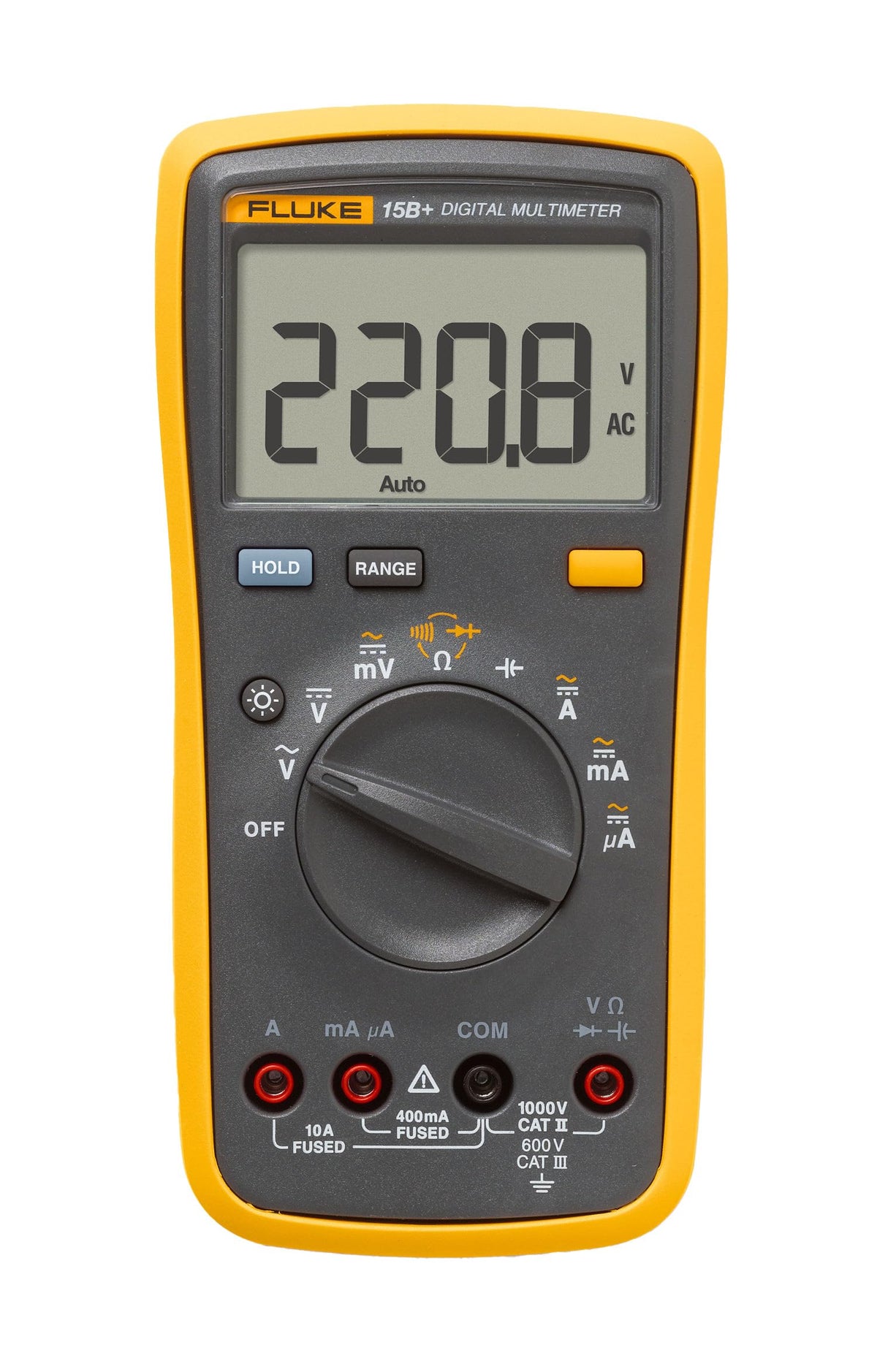 Fluke 15B+ digital multimeter front view for quick field measurements.