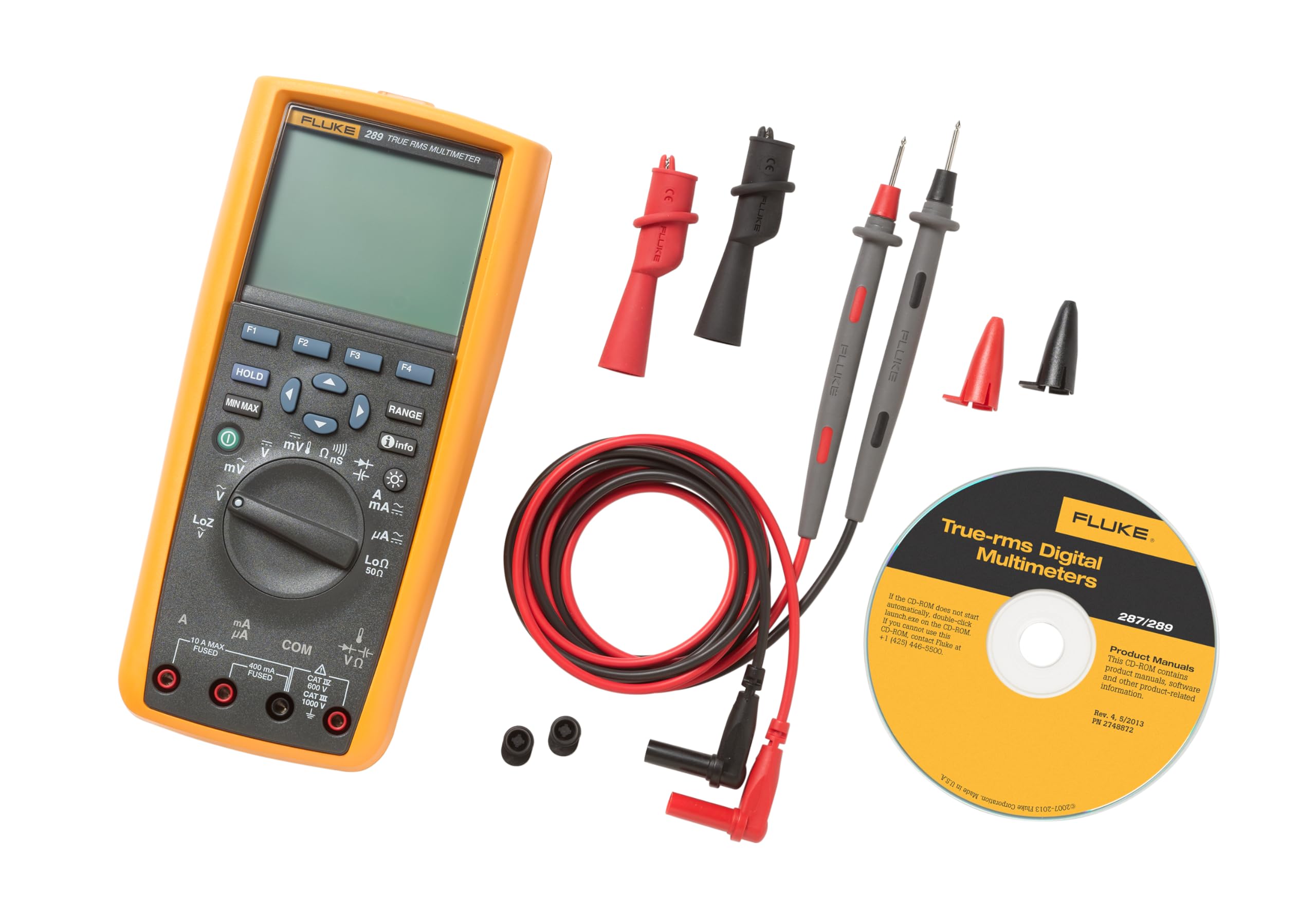 Fluke 289 true-RMS multimeter display shows precise readings clearly.