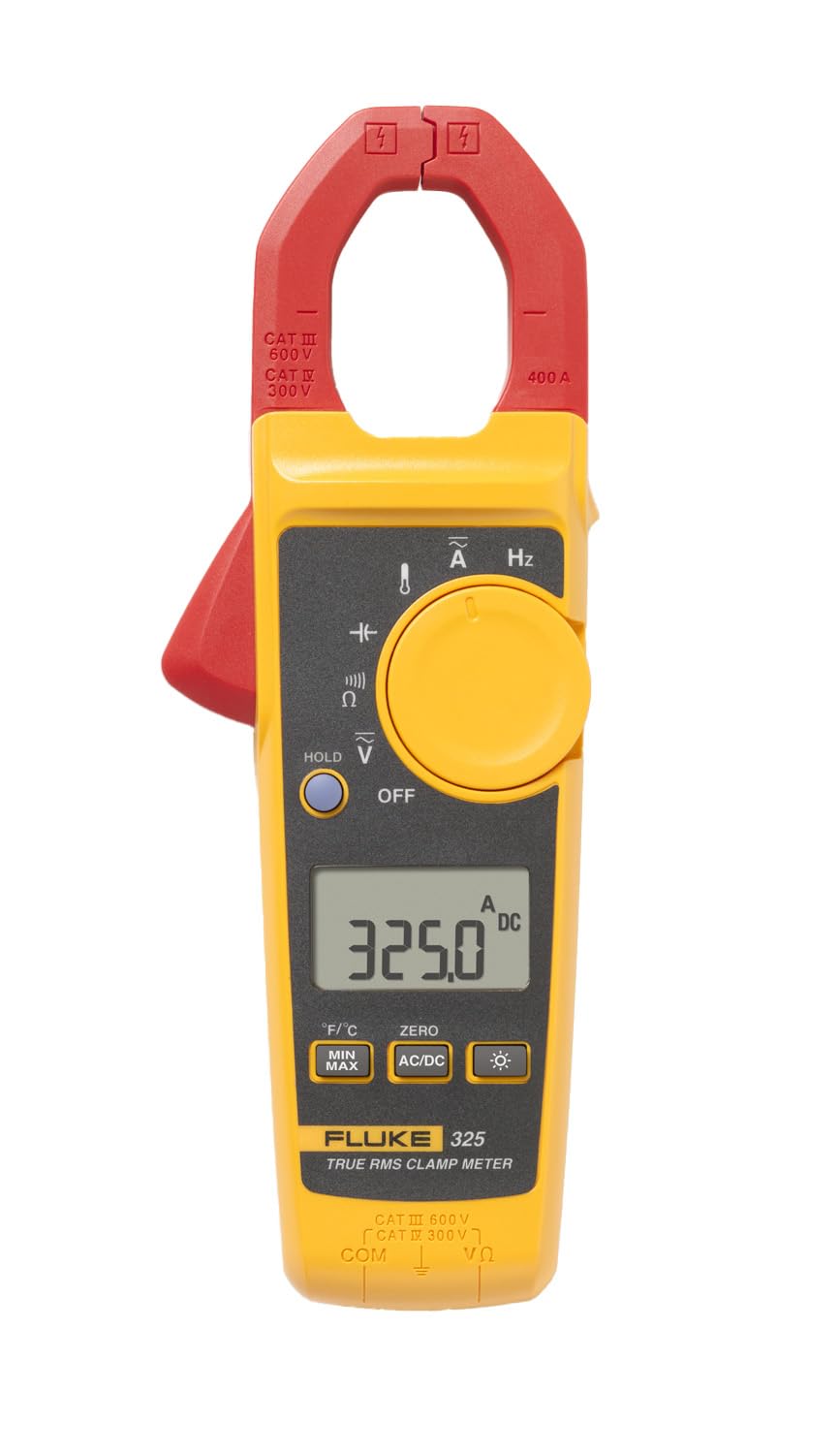 Fluke 325 clamp meter with true RMS display for precise mains measurements.