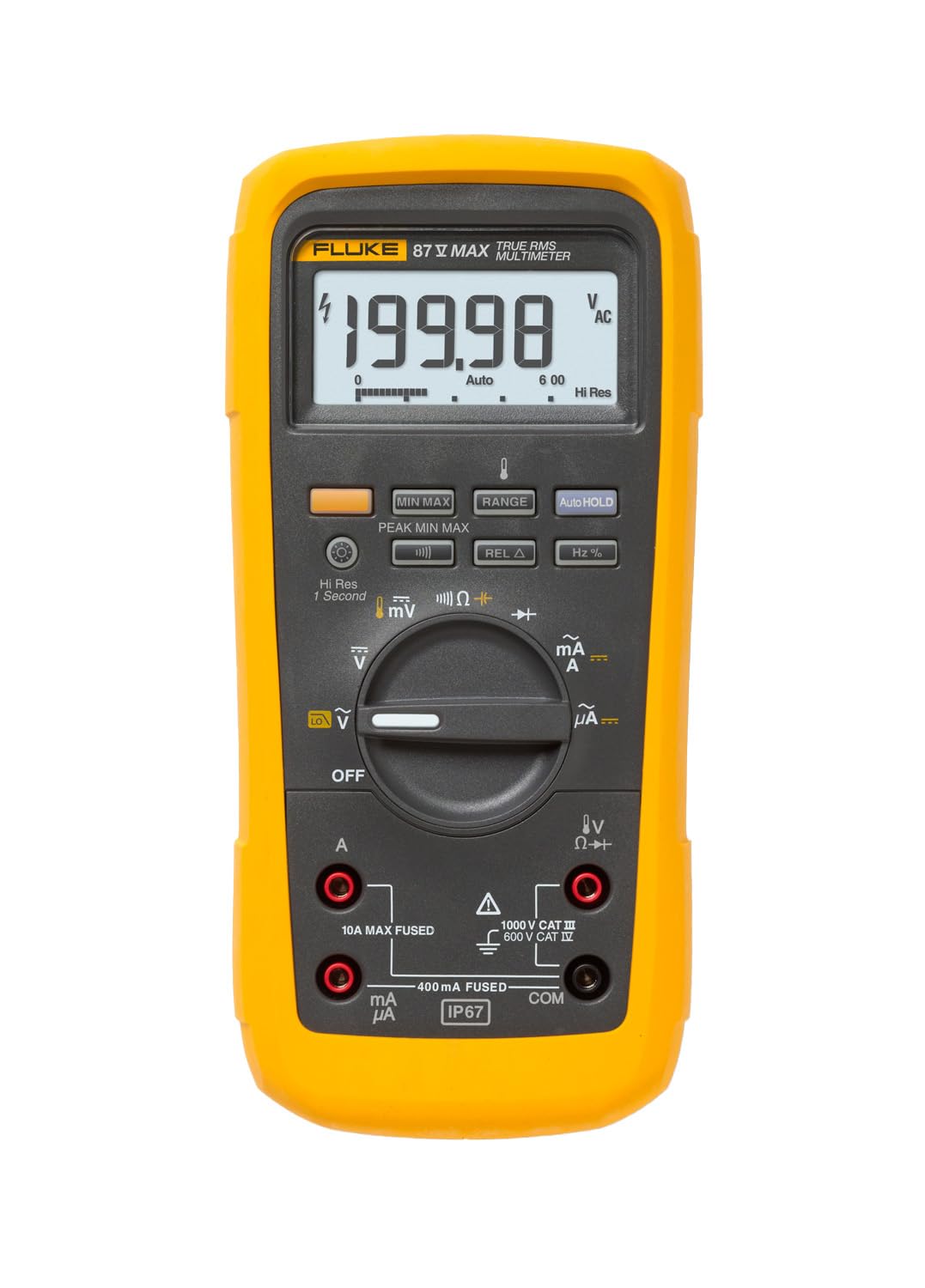 Fluke 87V MAX front view, rugged field tool for reliable readings in harsh environments.