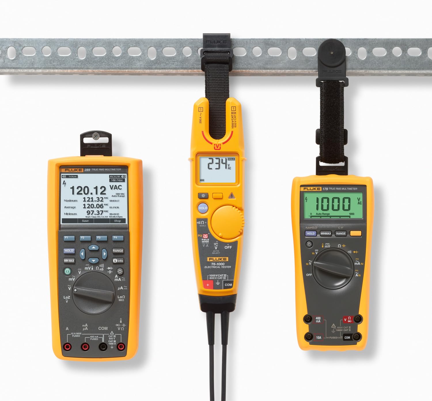 Fluke TPAK hook and nail compatibility for convenient mounting during field checks.