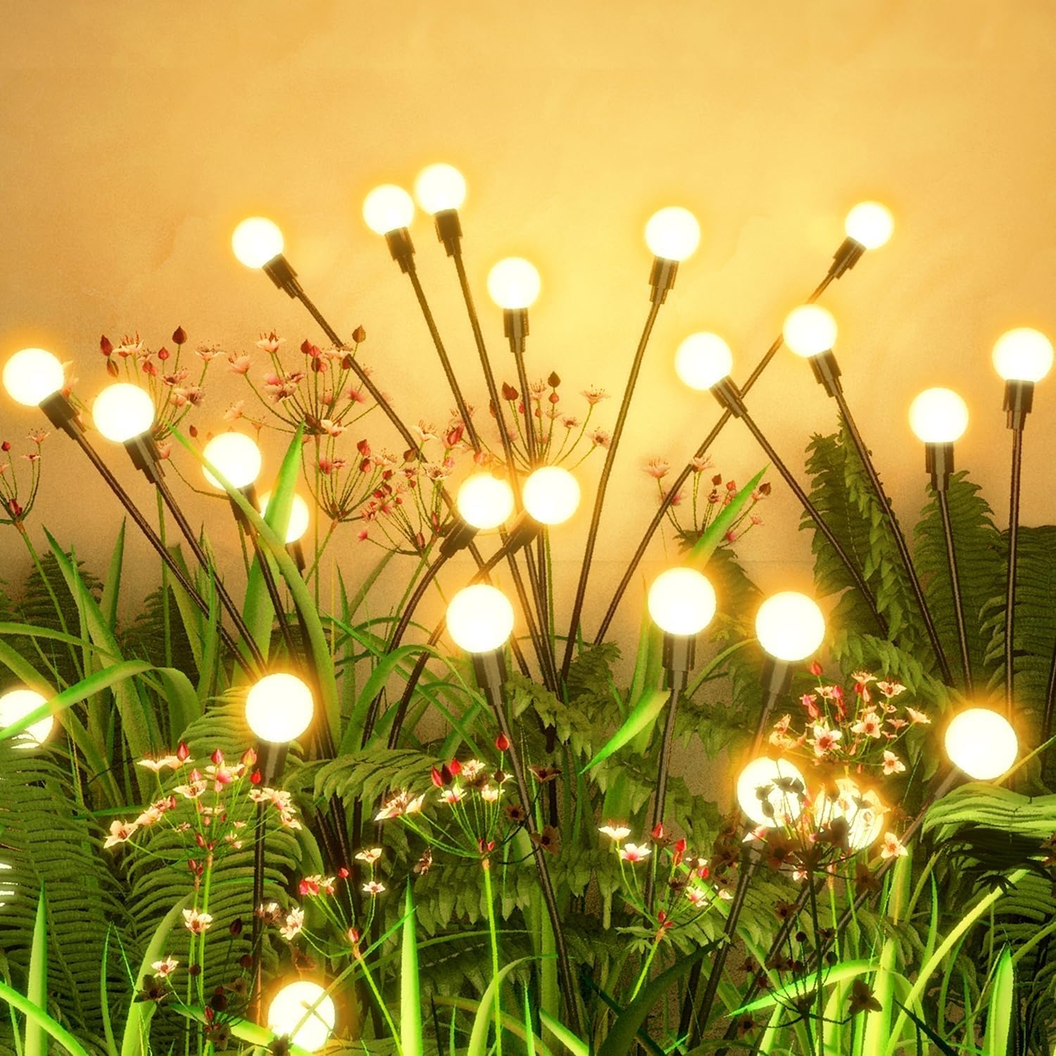 Flumy solar garden lights outdoor 4-pack with warm white firefly glow along pathways