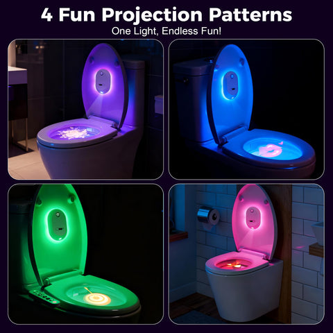 Flupuro toilet light projector beams illuminate the bowl with soft ambient patterns.