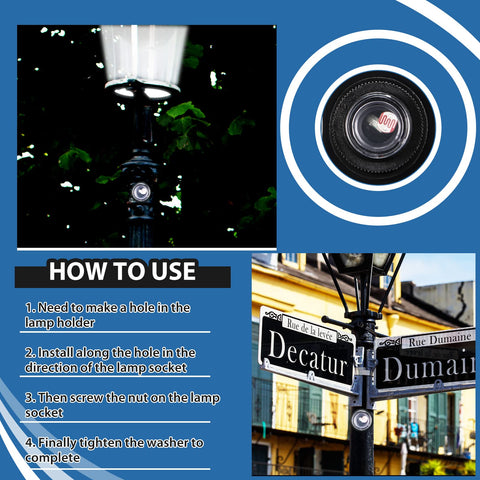Flutesan dusk-to-dawn sensor mounted on a lamp post for automatic lighting.