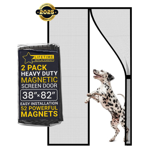 Flux Phenom Magnetic Screen Door 2 pack with setup view showing easy installation