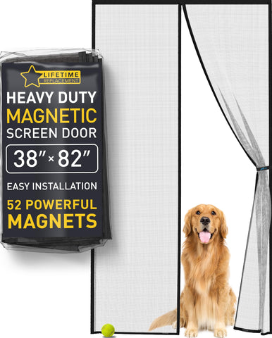 Flux Phenom magnetic screen door installed on a standard doorway for hands-free entry.