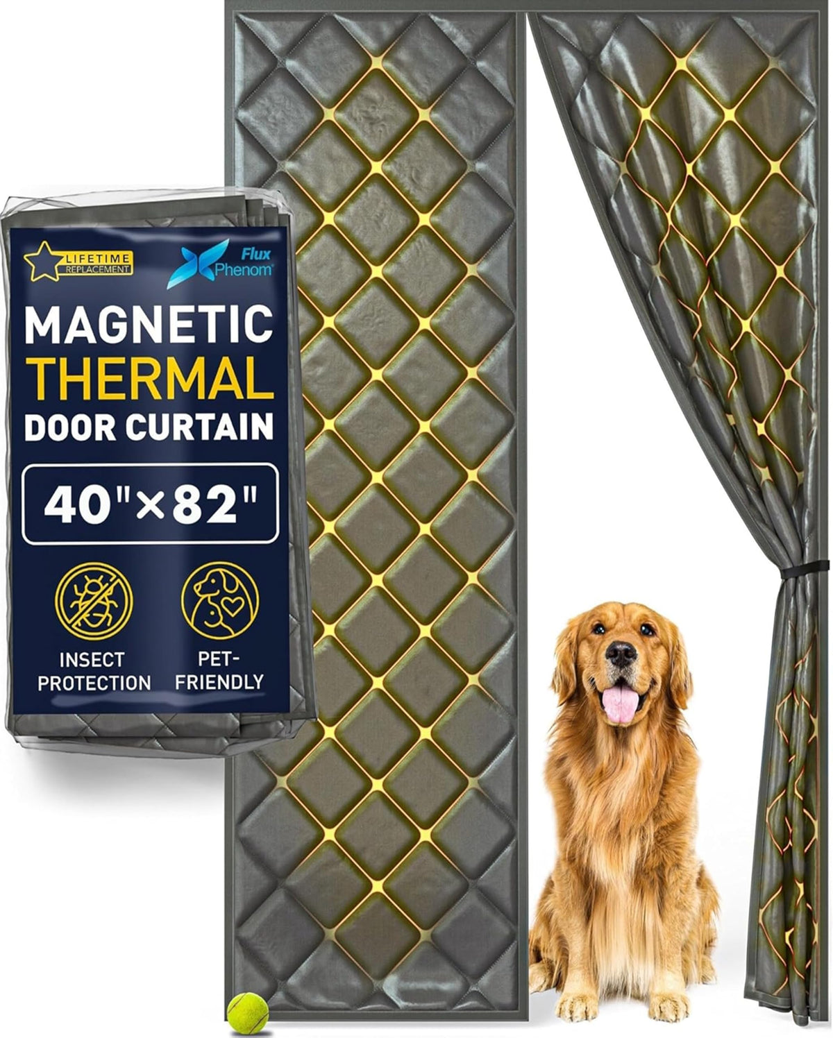 Flux Phenom thermal door curtain on a doorway for energy efficiency and privacy.