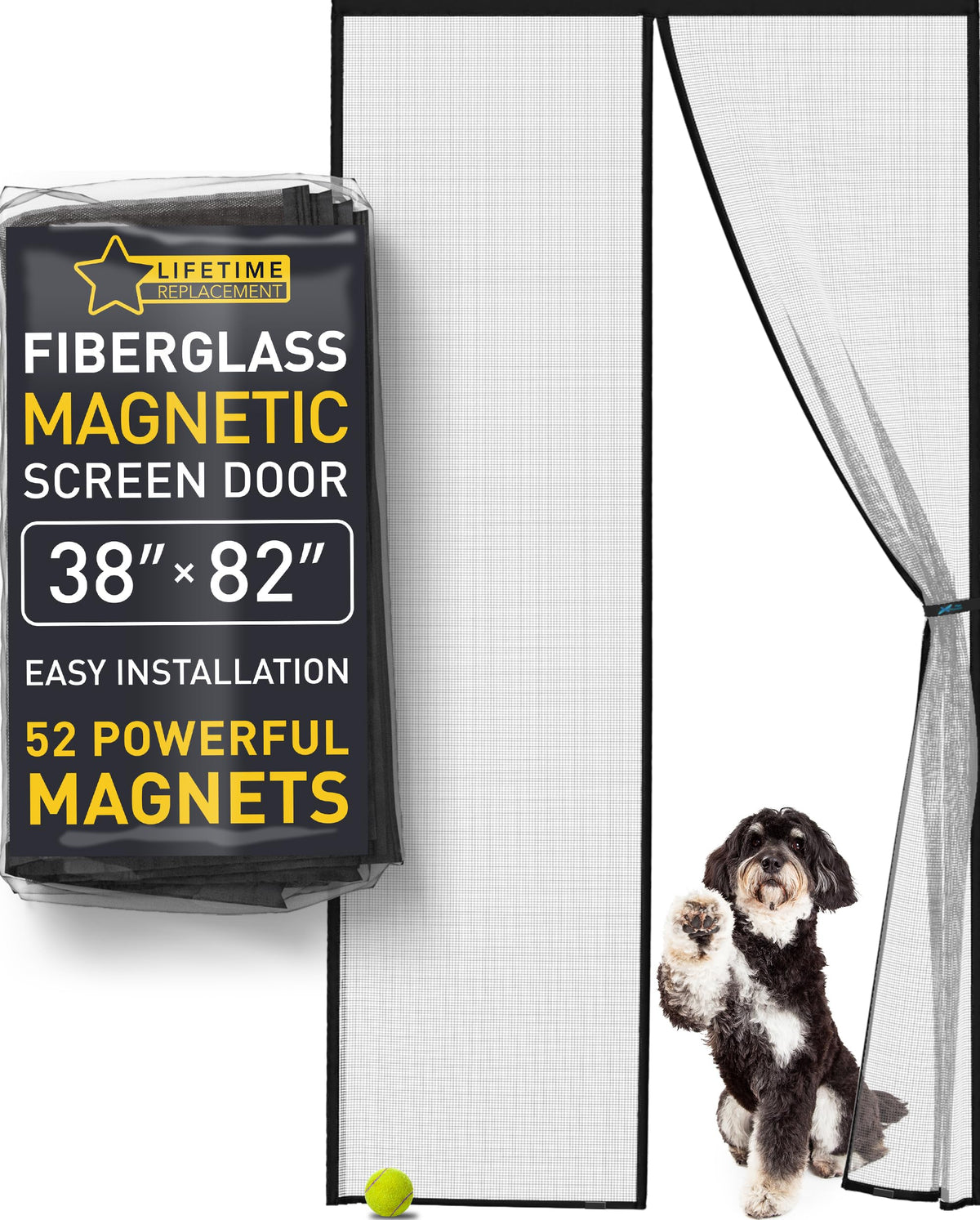 Flux Phenom magnetic screen door showing 52 magnets for a hands-free seal and insect protection.