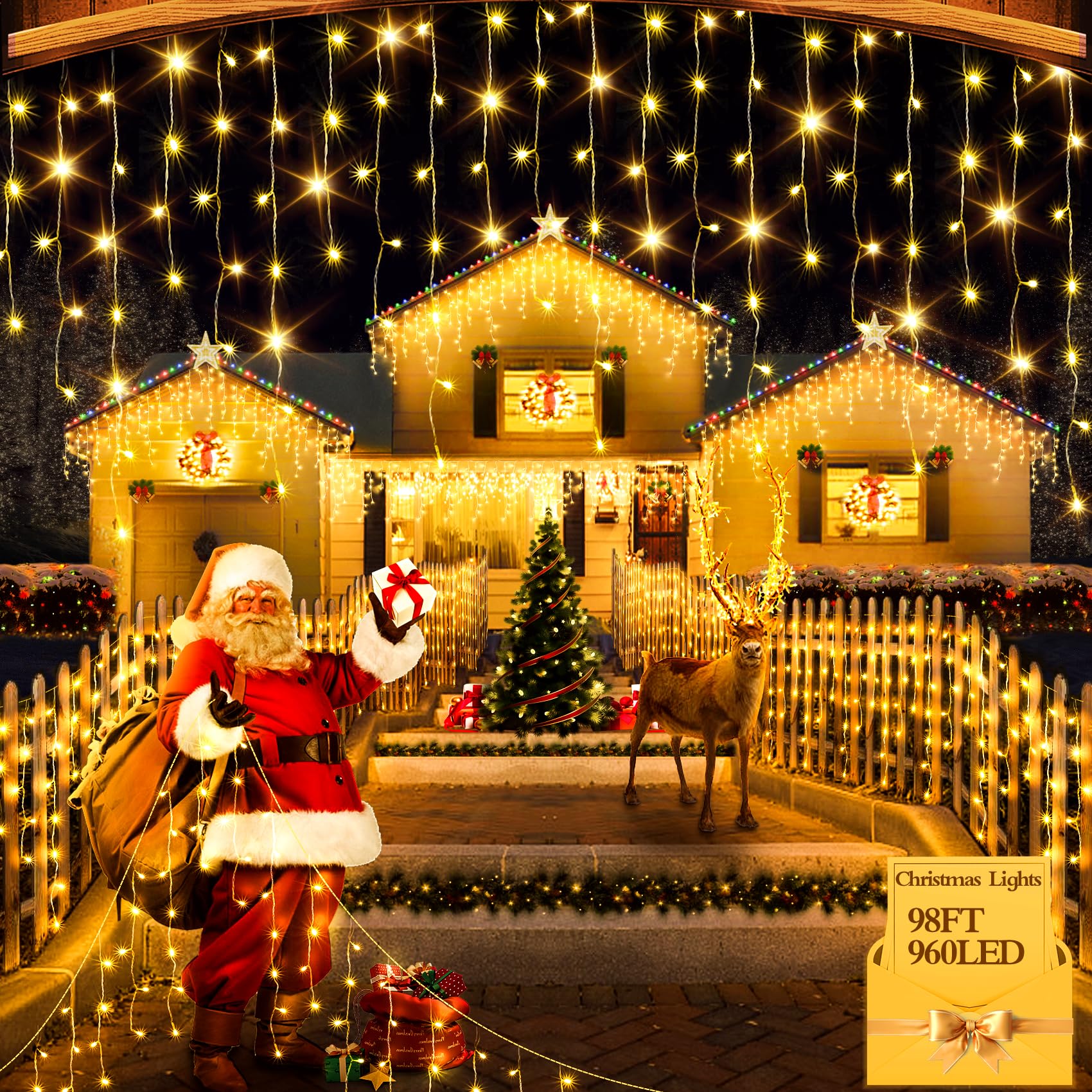 FLVOECN 98FT 960 LED outdoor lights illuminate roofs and fences with a festive warm white glow.